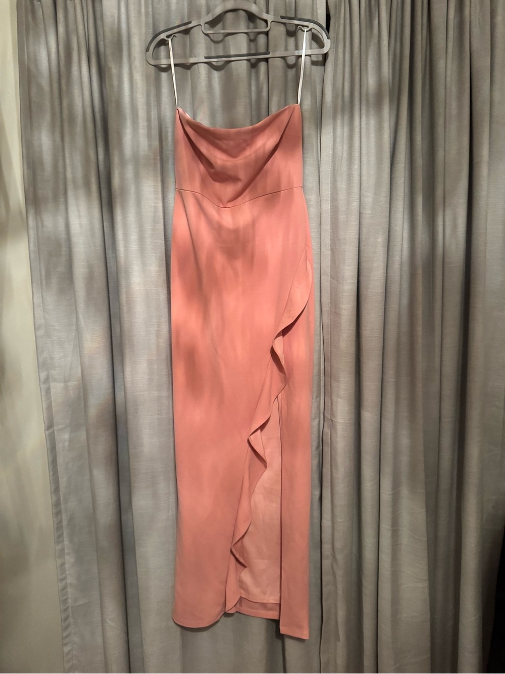 Lulu's Dusty Rose Strapless Cowl Maxi Dress with Ruffle Slit